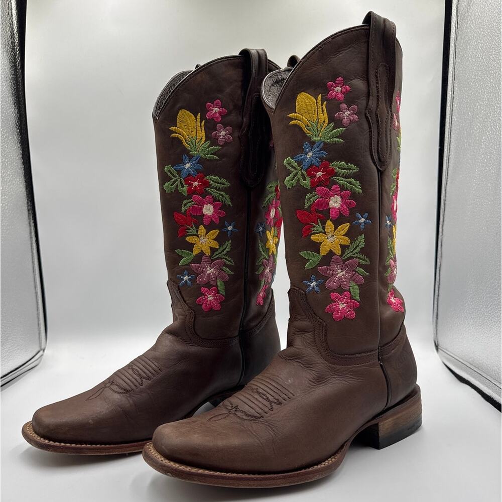 Alfa Cowboy Boots Womens 8.5 Brown 100% Leather Colorful Floral Coastal Cowgirl